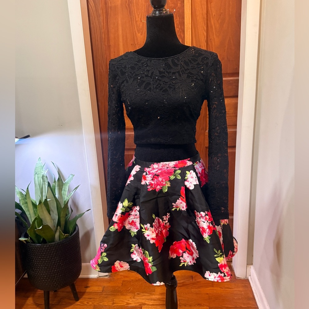 Homecoming Black Lace Top and Floral Skirt Set